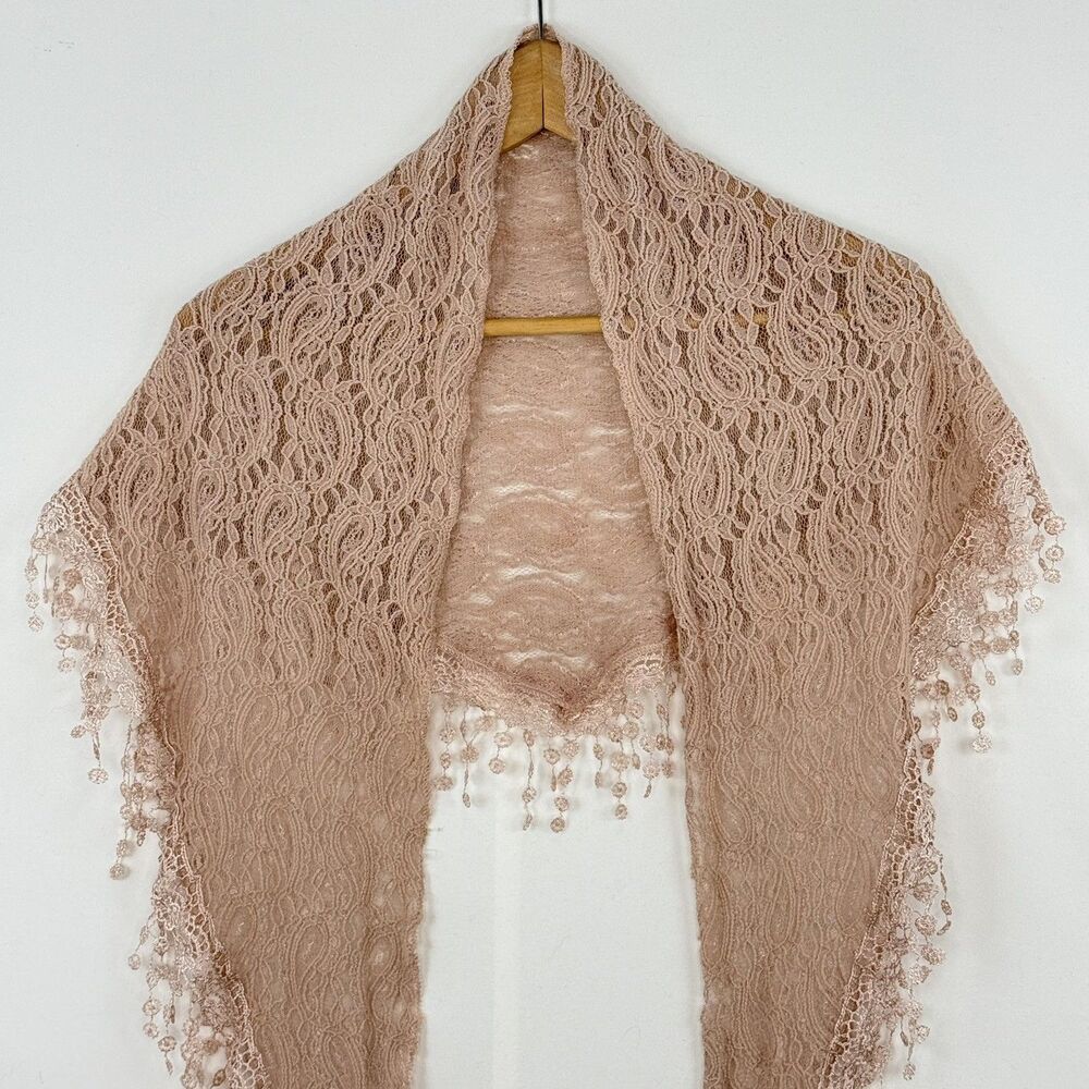 Women’s Pink Lace Triangle Shawl or Mantilla with Fringe Trim 64” X 18” - Picture 5 of 13